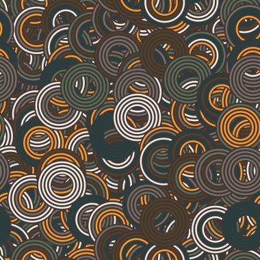 Baskı için retro renklerde kusursuz bir konsantre daire baş döndürücü yüzey desen tasarımı. Yüksek kalite çizim. Rastgele örtülmüş dinamik yuvarlak çizgili dairelerin saykodelik coğrafi fayansları birikti..