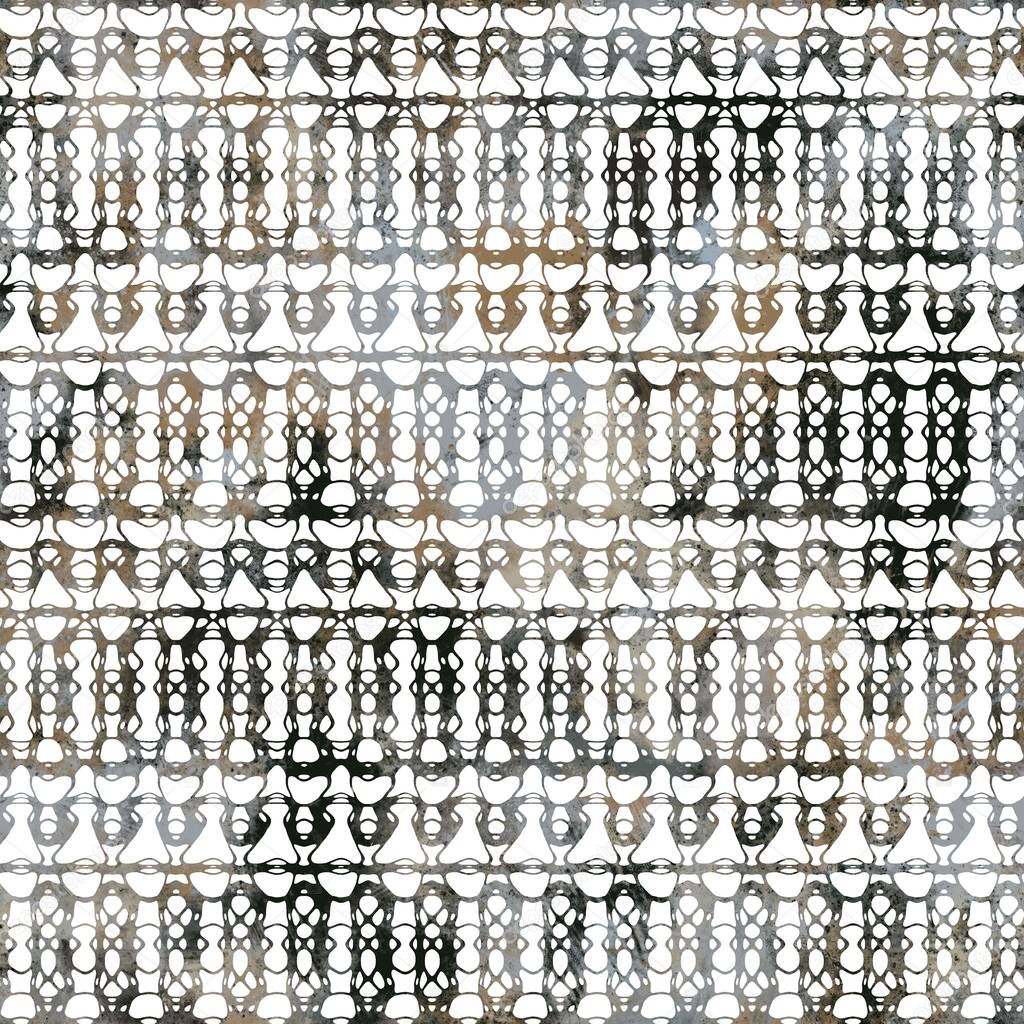 Seamless neutral tan and white distressed grungy motif surface pattern design for print. High quality illustration. Textured textile repeat print swatch. Aged gray dirty elegant abstract illustration.