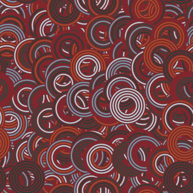 Baskı için retro renklerde kusursuz bir konsantre daire baş döndürücü yüzey desen tasarımı. Yüksek kalite çizim. Rastgele örtülmüş dinamik yuvarlak çizgili dairelerin saykodelik coğrafi fayansları birikti..