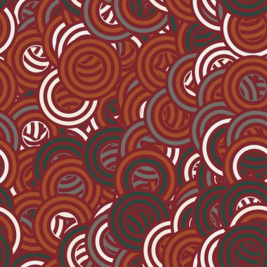 Baskı için retro renklerde kusursuz bir konsantre daire baş döndürücü yüzey desen tasarımı. Yüksek kalite çizim. Rastgele örtülmüş dinamik yuvarlak çizgili dairelerin saykodelik coğrafi fayansları birikti..