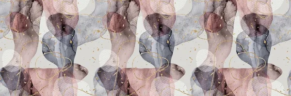 Seamless watercolor abstract organic blob shape overlay w gold lines and flecks border pattern. High quality illustration. Wet paint wash with metallic glitter strips. Repeat surface design for print