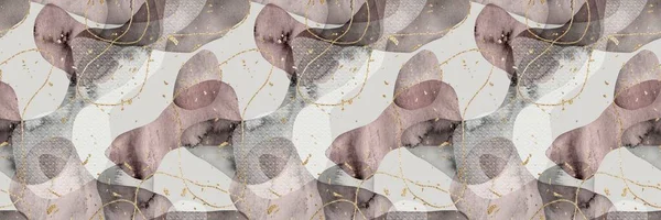 Seamless watercolor abstract organic blob shape overlay w gold lines and flecks border pattern. High quality illustration. Wet paint wash with metallic glitter strips. Repeat surface design for print