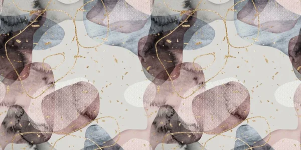 Seamless watercolor abstract organic blob shape overlay w gold lines and flecks border pattern. High quality illustration. Wet paint wash with metallic glitter strips. Repeat surface design for print