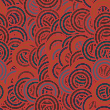 Baskı için retro renklerde kusursuz bir konsantre daire baş döndürücü yüzey desen tasarımı. Yüksek kalite çizim. Rastgele örtülmüş dinamik yuvarlak çizgili dairelerin saykodelik coğrafi fayansları birikti..