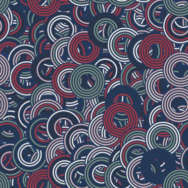 Baskı için retro renklerde kusursuz bir konsantre daire baş döndürücü yüzey desen tasarımı. Yüksek kalite çizim. Rastgele örtülmüş dinamik yuvarlak çizgili dairelerin saykodelik coğrafi fayansları birikti..