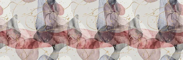 Seamless watercolor abstract organic blob shape overlay w gold lines and flecks border pattern. High quality illustration. Wet paint wash with metallic glitter strips. Repeat surface design for print