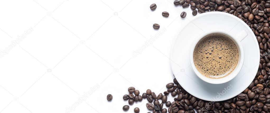 Top view of panoramic cup of coffee isolated on white background with copy space.