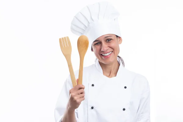 Porträt Einer Positiven Kaukasischen Frau Kochkostüm Mit Küchenutensilien Den Händen — Stockfoto