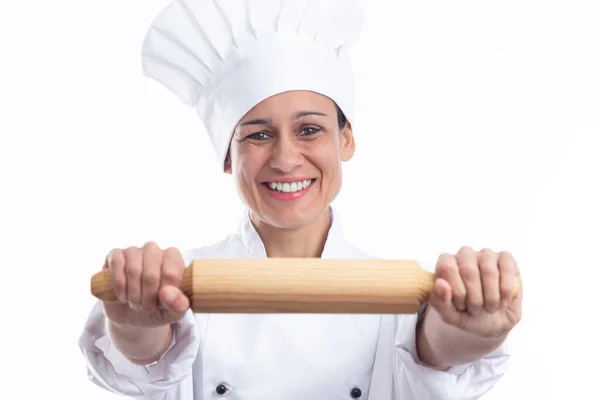 Glückliche Kaukasische Frau Als Koch Gekleidet Zeigt Küchenutensilien Blick Auf — Stockfoto
