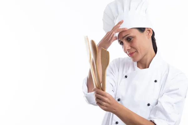 Giovane Giovane Caucasico Interessato Chef Abito Chef Mentre Tiene Gli — Foto Stock