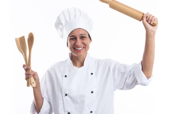 Felice Giovane Ragazza Ispanica Uniforme Del Cuoco Possesso Stoviglie Isolate — Foto Stock