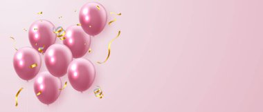 Balonlar pembe kutlama çerçevesi arka planı. Etkinlik için altın konfeti parıltısı ve tatil posteri. Bekarların süper indirimi