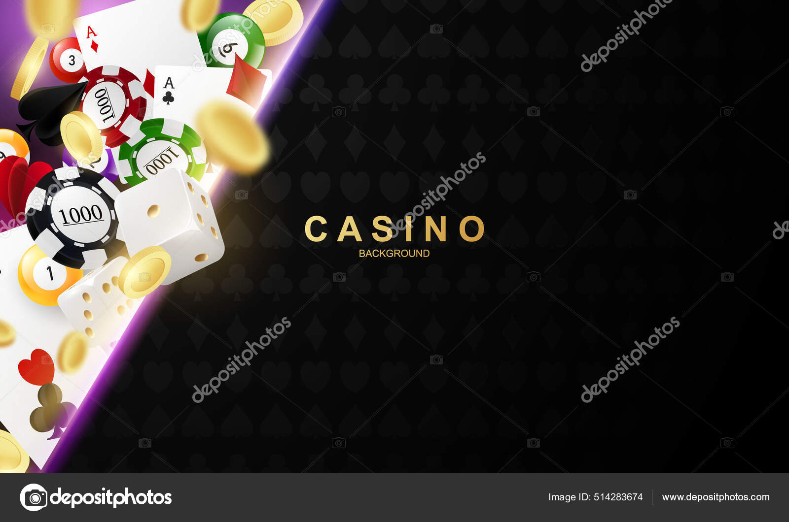 Fundo criativo, cassino de inscrição, roleta, dados de jogo, cartões,  fichas de cassino em um fundo verde. O conceito de jogo, casino, ganhos,  Vegas Games. Renderização 3D, ilustração 3D . fotos, imagens