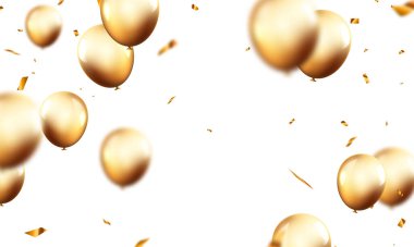 Altın balonların arka planında kutlama partisi afişi. Satış Vektörü illüstrasyonu. Büyük Açılış Kartı. Lüks içinde karşılama..