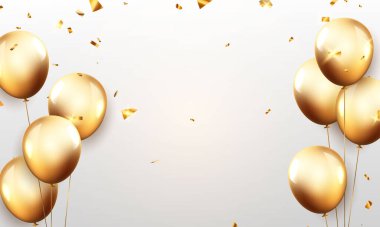 Altın balonların arka planında kutlama partisi afişi. Satış Vektörü illüstrasyonu. Büyük Açılış Kartı. Lüks içinde karşılama..