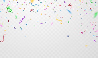 Konfeti ve renkli kurdelelerle kutlama arkaplan şablonu.