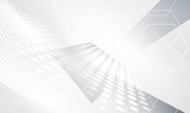 Dinamik teknoloji ağı illüstrasyonlu soyut beyaz ve gri arkaplan posteri.