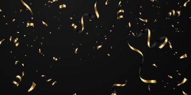 Zarif tebrik kartı konfetisi ve altın kurdeleyle siyah arkaplan şablonunu kutla