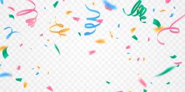 Celebration background template with confetti and colorful ribbons. clipart