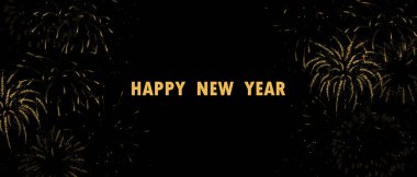 Siyah soyut arka planda gerçekçi görünümlü parlak altın havai fişekler Noel için vektör ilüstrasyonları veya yeni yıl tebrik kartları