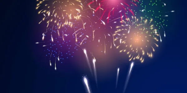 Csillogó Arany Tűzijáték Sokszínű Fények Reális Megjelenés Kék Elvont Háttér — Stock Vector