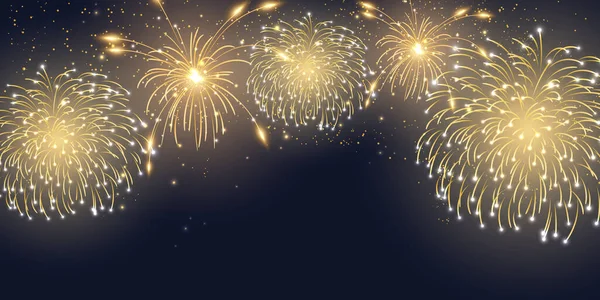 Siyah soyut arka planda gerçekçi görünümlü parlak altın havai fişekler Noel için vektör ilüstrasyonları veya yeni yıl tebrik kartları