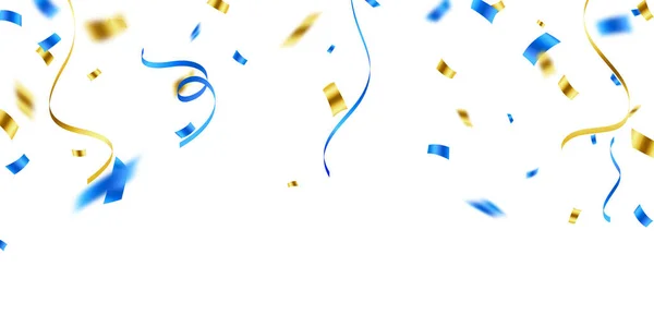 Πρότυπο Εορτασμού Φόντου Κομφετί Και Χρυσές Μπλε Κορδέλες Πολυτελής Χαιρετισμός — Διανυσματικό Αρχείο