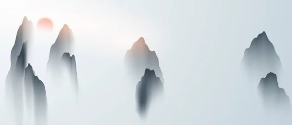 Китайский Новый Год 2022 Китайские Чернила Живопись Красивые Высокие Горы — стоковый вектор