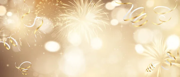 Işıl ışıl altın havai fişekler, altın soyut arka planda bulanık bir ışık oluşturuyordu. Vektör çizimi. Tebrik kartı, Noel, yeni yıl, kutlama.