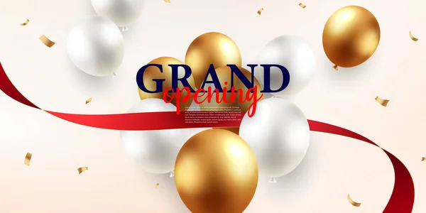 Design your opening card with golden gold balloons with ribbons and confetti. vector illustration business banner template