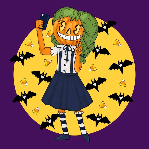 Vector Personaje Halloween Chica Adolescente Calabaza Sonríe Hace Selfie Ilustración — Archivo Imágenes Vectoriales