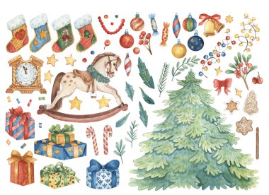 Büyük el yapımı suluboya Noel çizimleri. Noel ağacı, sallanan at, hediye kutuları, Noel topları, çelenkler, şekerler, tasarım için Noel çorabı, çıkartmalar, süslemeler.