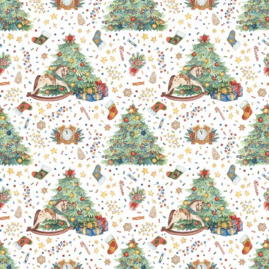 Süslü bir Noel ağacı, hediye kutuları, çelenkler, Noel çorapları ve şekerlerle elle çizilmiş Noel deseni. Paket kağıdı, kumaş ve tasarım için parlak, pürüzsüz suluboya arkaplan.