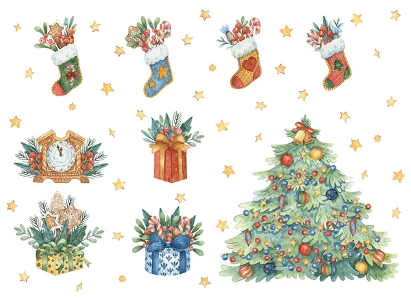 一套水彩画的圣诞作文 附有装饰树 礼品盒 圣诞长袜和设计明星的节日插图 剪贴和装饰 — 图库照片
