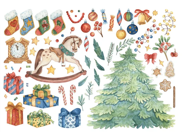 Büyük el yapımı suluboya Noel çizimleri. Noel ağacı, sallanan at, hediye kutuları, Noel topları, çelenkler, şekerler, tasarım için Noel çorabı, çıkartmalar, süslemeler.