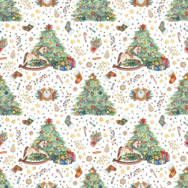 Handgetekend Kerstpatroon Met Een Versierde Kerstboom Geschenkdozen Bloemenslingers Kerstsokken Snoepjes — Stockfoto