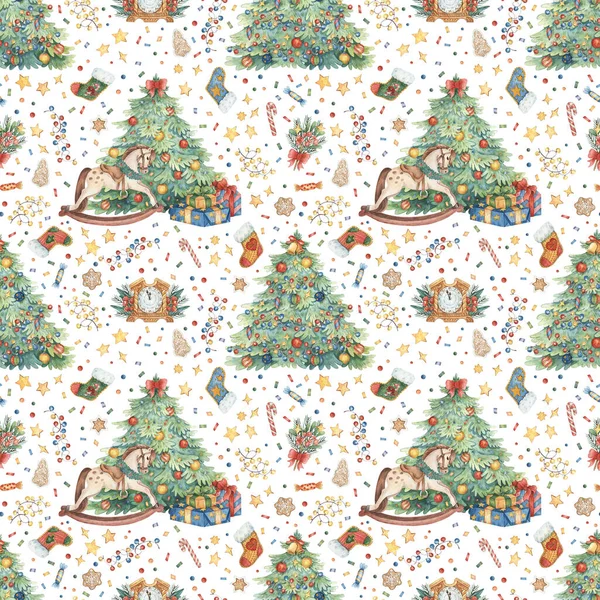 Süslü bir Noel ağacı, hediye kutuları, çelenkler, Noel çorapları ve şekerlerle elle çizilmiş Noel deseni. Paket kağıdı, kumaş ve tasarım için parlak, pürüzsüz suluboya arkaplan.