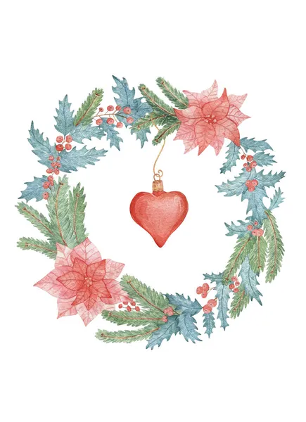 Elle çizilmiş suluboya Noel çizimi, şenlikli çelenkli. Holly, poinsettia, köknar dalları, davetiyeler, kartlar, hediye tasarımı ve ambalaj için Noel ağacı süslemesi.