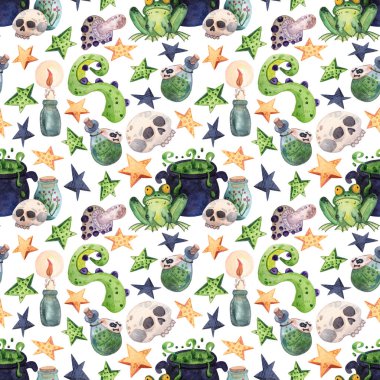 Açık suluboya, kusursuz Cadılar Bayramı deseni. Dokunaçları, kazanı, kurbağası, kafatası ve zehirli mantarları olan ürkütücü bir el çizimi. Tasarım, tekstil, dekorasyon, duvar kağıdı, hatıra defteri, ambalaj kağıdı, kumaş dokusu.