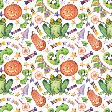 Canavarlar ve şekerlerle dolu parlak ve neşeli suluboya desenler. Dokunaçlı, kabaklı, kurbağalı kusursuz el yapımı bir arka plan. Tasarım, tekstil, dekorasyon, duvar kağıdı, hatıra defteri, ambalaj kağıdı, kumaş dokusu.