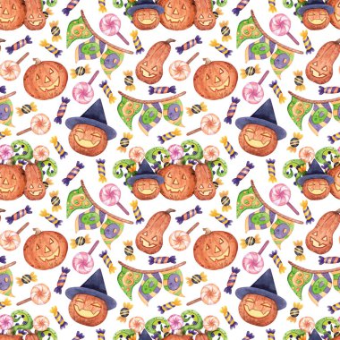 Balkabağı fenerli suluboya arka plan, canavar dokunaçları, Cadılar Bayramı süslemeleri ve şekerleri. Tasarım dokusu, tekstil, dekorasyon, duvar kağıdı, hatıra defteri, ambalaj kağıdı, kumaş. Cadılar Bayramı temasında parlak el çizimi kusursuz desen.