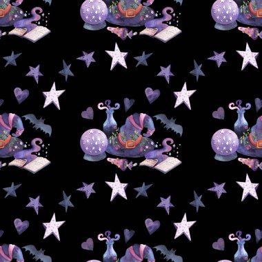 Mistik el yapımı arka plan. Cadı şapkası, büyü kitabı, sihirli top, iksir, yarasa, mantar ve yıldızlar. Tasarım dokusu, tekstil, dekorasyon, duvar kağıdı, hatıra defteri, ambalaj kağıdı, kumaş. Koyu suluboya kusursuz Cadılar Bayramı deseni.