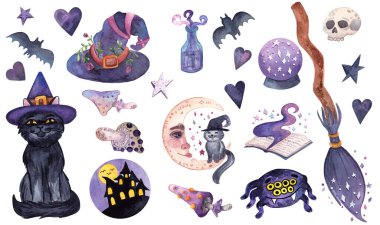 Cadılar Bayramı için el yapımı suluboya çizimleri. Cadı şapkası ve süpürge sapı, siyah kedi, sihirli top, Cadılar Bayramı için büyü kitabı çıkartmaları, ambalaj ve iç tasarım, kartlar, posterler..