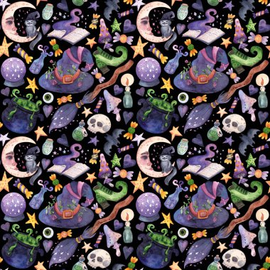 Karanlık el yapımı, pürüzsüz Cadılar Bayramı deseni. Büyücülük sihirli araçlarla suluboya arka plan, siyah kedi, yarasa ve tatlılar ambalaj kağıdı, kumaş, ambalaj ve kartpostal tasarımları, partiler, kapaklar.