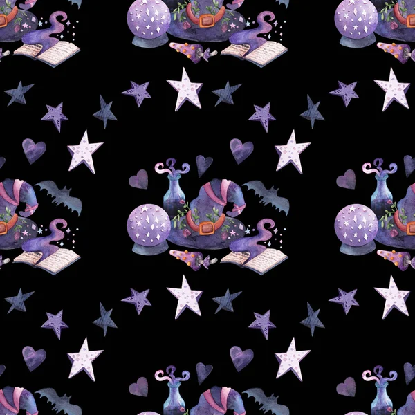 Mystical hand-drawn background. Witch hat, spell book, magic ball, potion, bat, toadstool and stars. Texture for design, textiles, decoration, wallpaper, scrapbooking, wrapping paper, fabrics. Dark watercolor seamless Halloween pattern.