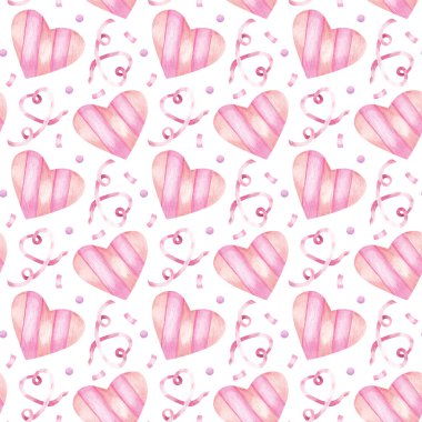 Kurdeleli ve kalpli suluboya desenli. Beyaz arka planda pembe kalpler. Paket kağıdı, tasarım, kumaş, kart ve diğer amaçlar için el yapımı vintage arka plan.