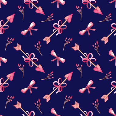 Aşk temalı kalpler, kurdeleler ve oklarla kusursuz desen. Karşıtlık Sevgililer Günü geçmişi. Paket kağıdı, tasarım, kumaş, kart ve diğer amaçlar için el çizimi suluboya arka plan.