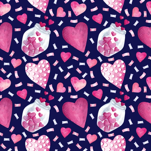 Płynny Wzór Słoikiem Sercami Temat Miłości Walentynki Kontrast Ilustracji Ręcznie — Zdjęcie stockowe
