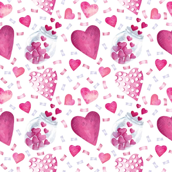 愛のテーマにジャーとハートでシームレスなパターン バレンタインデーの明るいイラスト 包装紙 デザイン カードなどのための手描き水彩画の背景 — ストック写真