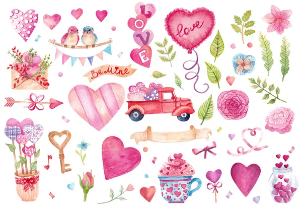 Großes Aquarell Mit Elementen Zum Thema Liebe Clip Art Zum — Stockfoto